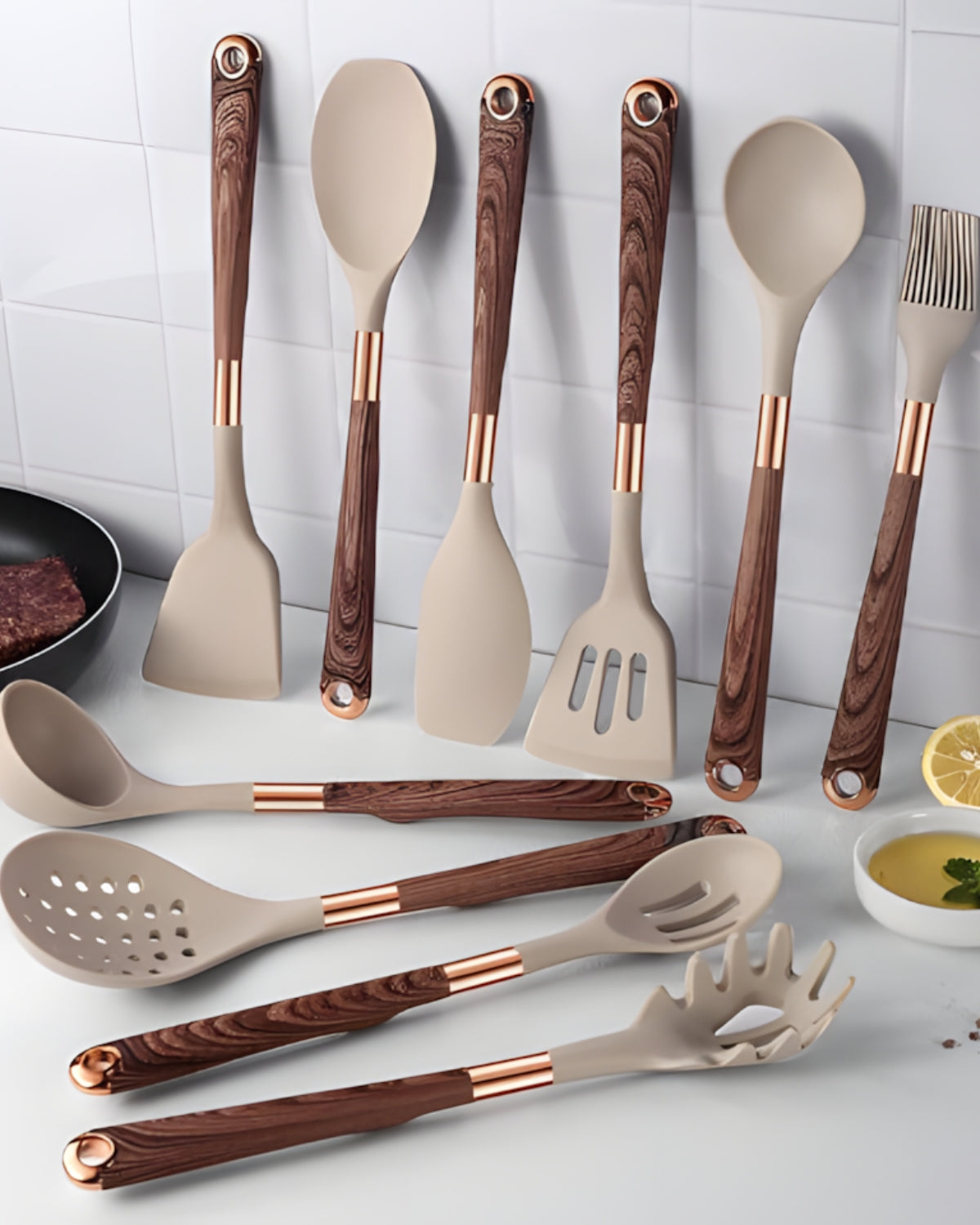 11-delars Köksredskap i Silikon – Non-Stick Kökset med Faux Wood & Metallhandtag