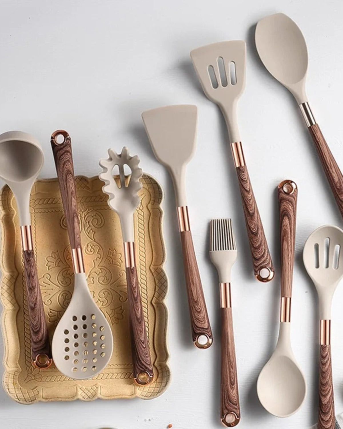 11-delars Köksredskap i Silikon – Non-Stick Kökset med Faux Wood & Metallhandtag