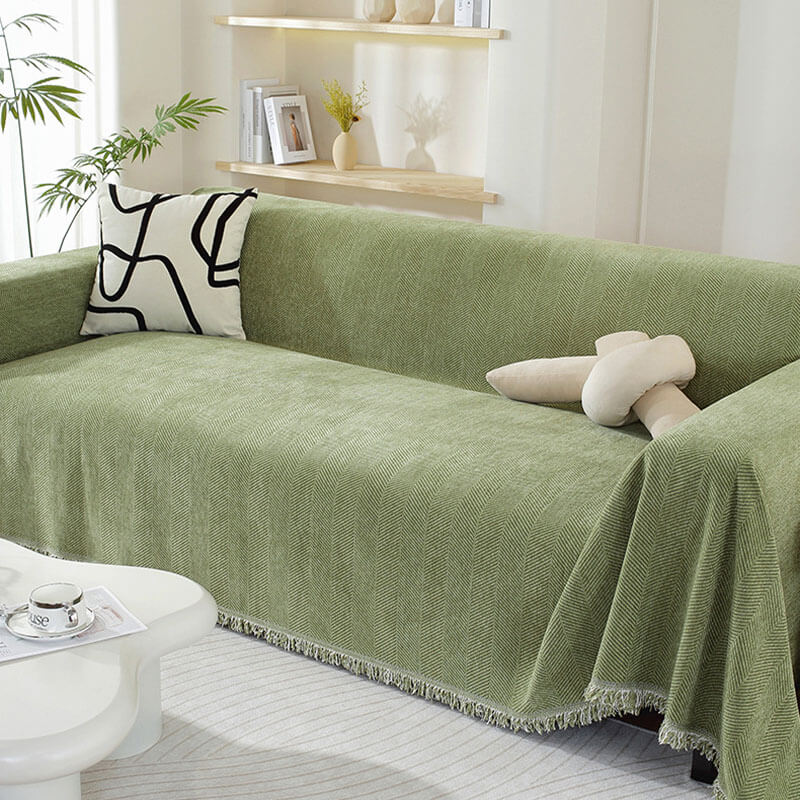 CozyWeave Sofföverdrag i Chenille – Elegant Fiskbensmönster med Dekorativa Tofsar