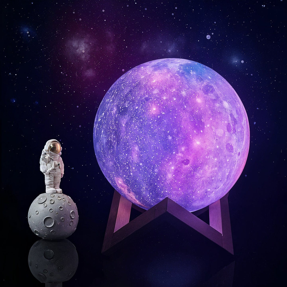 LumaGlow Färgskiftande Månlampa Bordslampa med Träställning och Fjärrkontroll