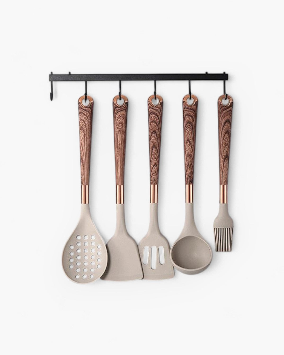 11-delars Köksredskap i Silikon – Non-Stick Kökset med Faux Wood & Metallhandtag