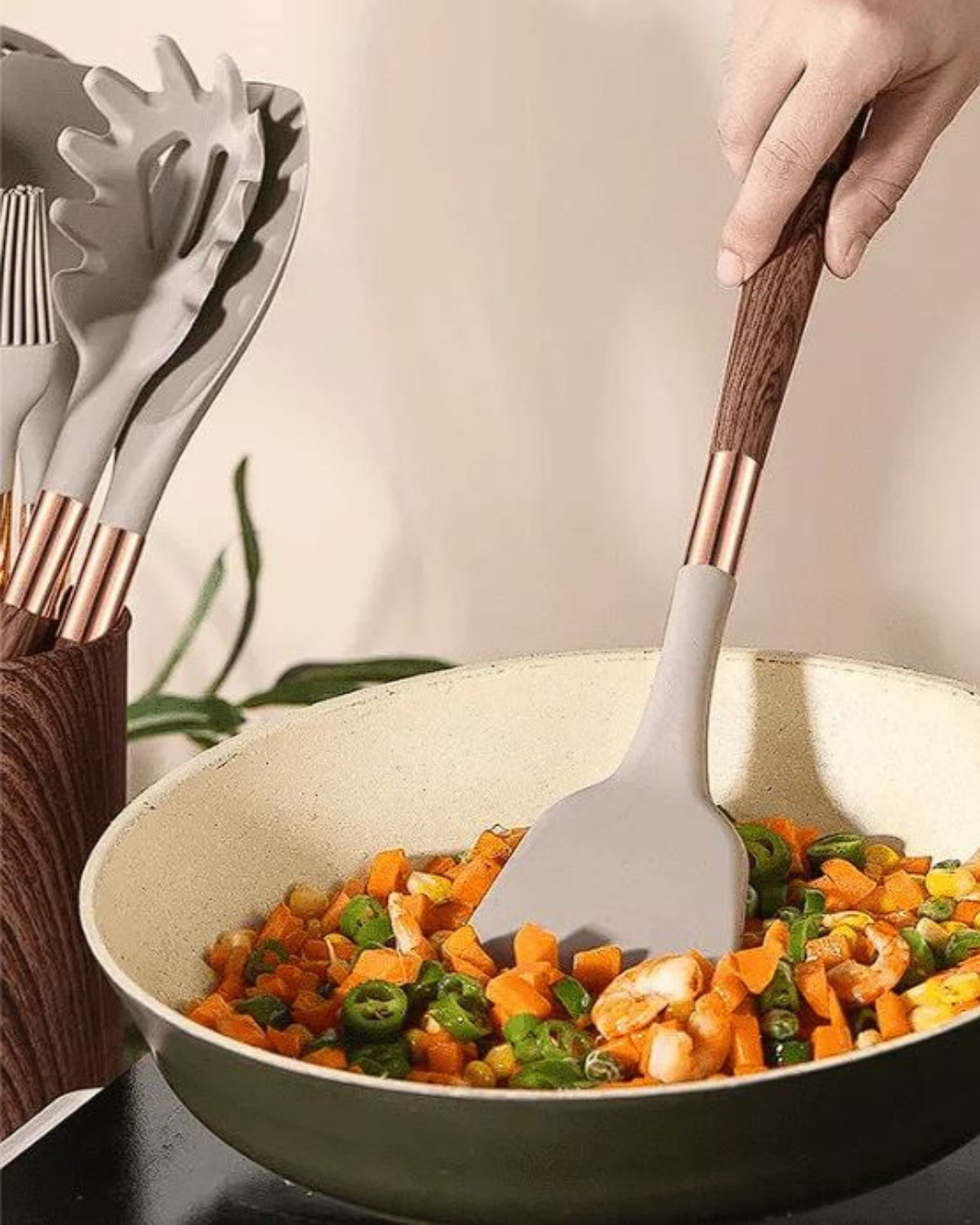 11-delars Köksredskap i Silikon – Non-Stick Kökset med Faux Wood & Metallhandtag