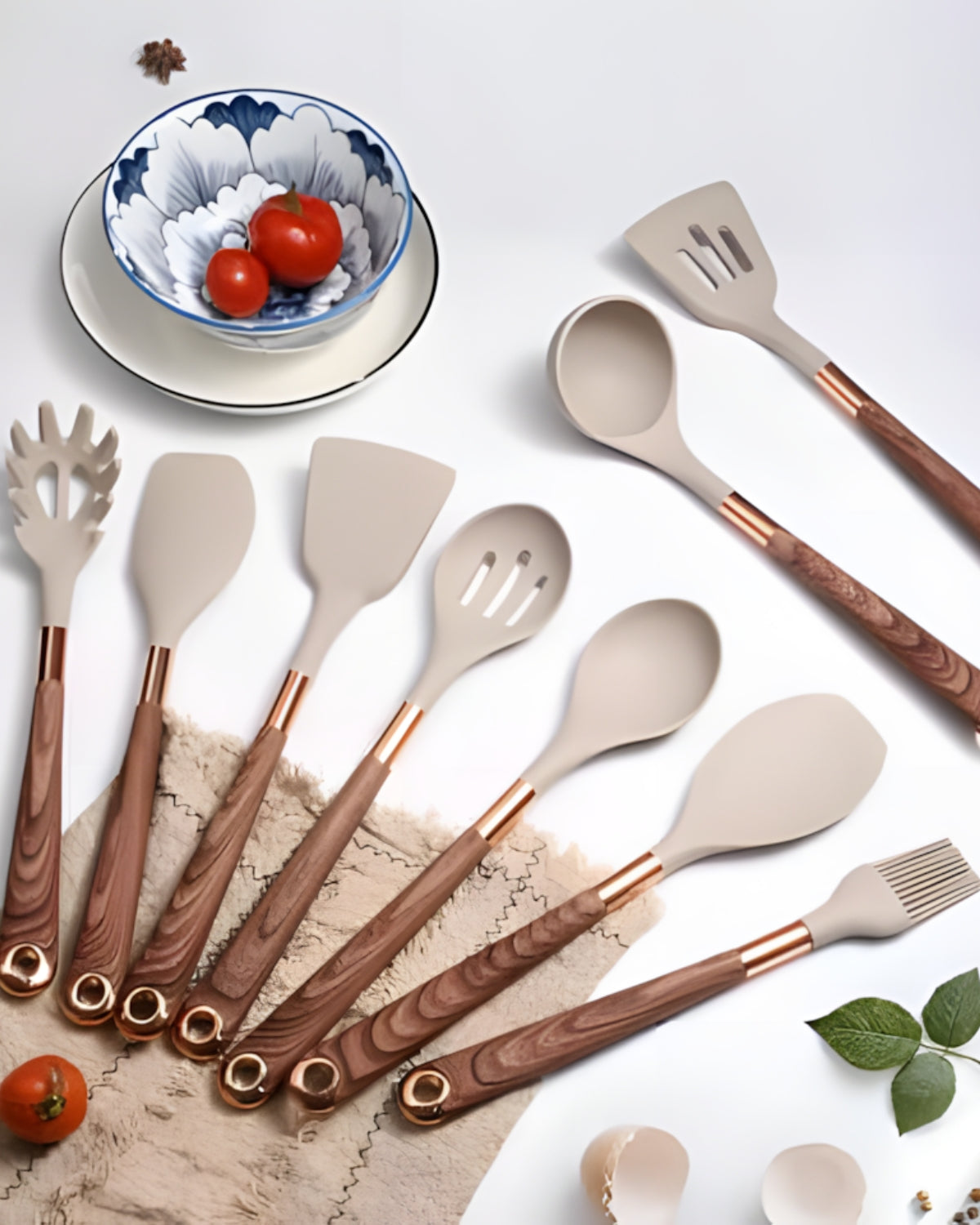 11-delars Köksredskap i Silikon – Non-Stick Kökset med Faux Wood & Metallhandtag