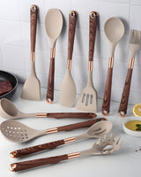 11-delars Köksredskap i Silikon – Non-Stick Kökset med Faux Wood & Metallhandtag