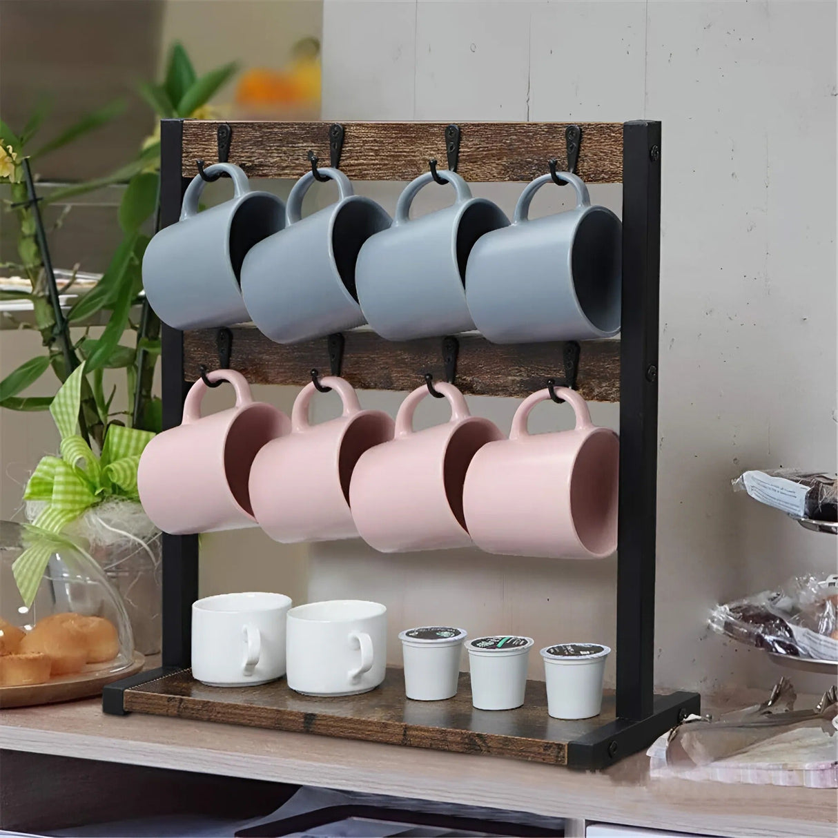 BaristaRack Trä Mugghållare – 2 Våningar med 16 Krokar i Vintage Stil