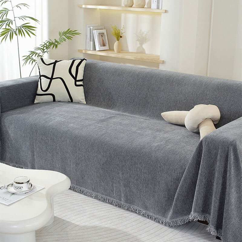 CozyWeave – Chenille Filt med Fiskbensmönster och Toffsar
