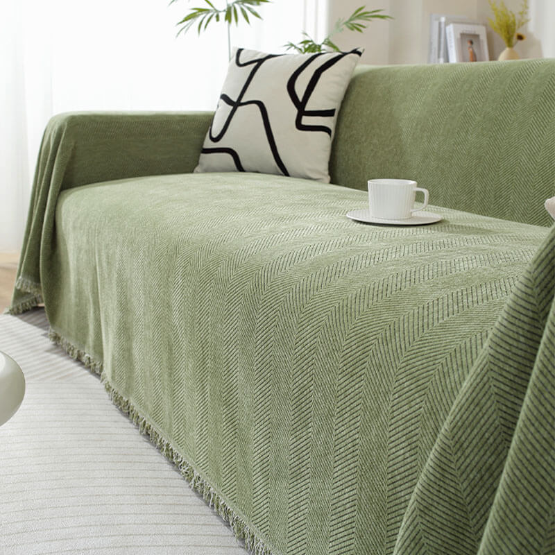 CozyWeave – Chenille Filt med Fiskbensmönster och Toffsar