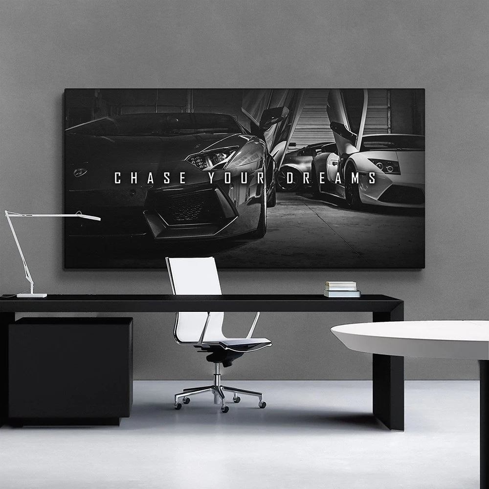 Chase Your Dream – Motivationsposter med Lyxig Sportbil på Canvas