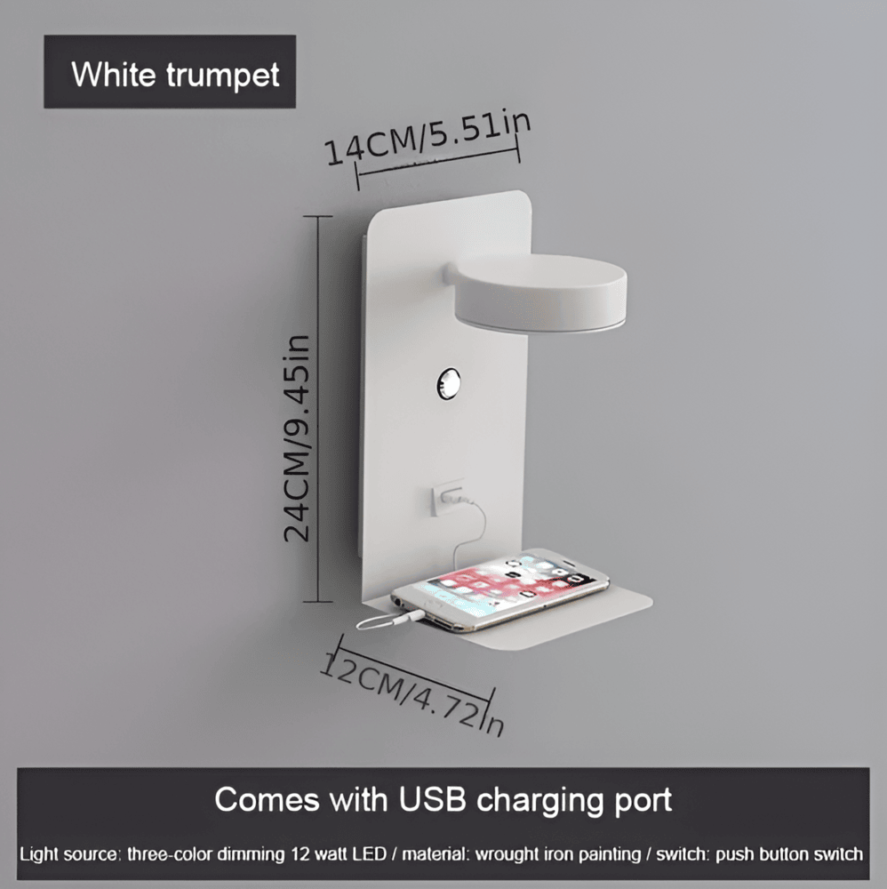 LumiShelf – LED-Sängvägglampa i Aluminium med Hylla och USB-Laddning