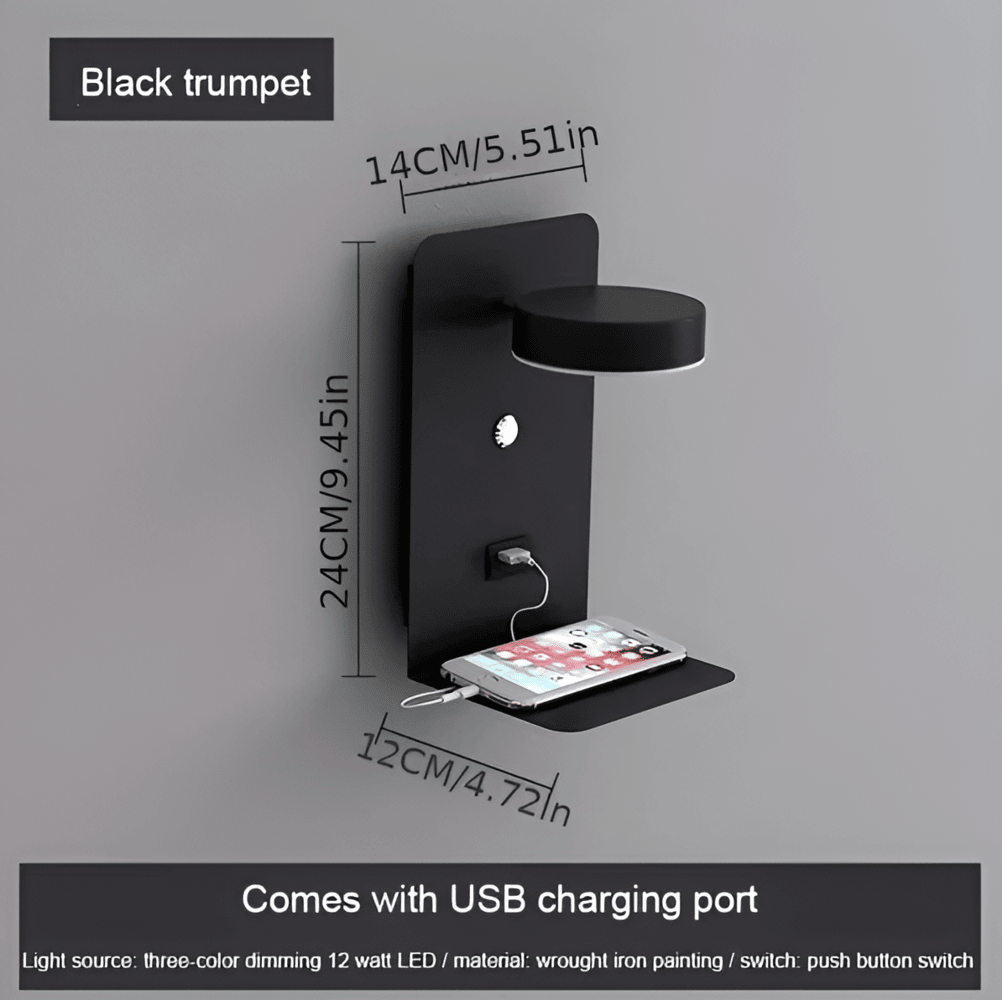LumiShelf – LED-Sängvägglampa i Aluminium med Hylla och USB-Laddning